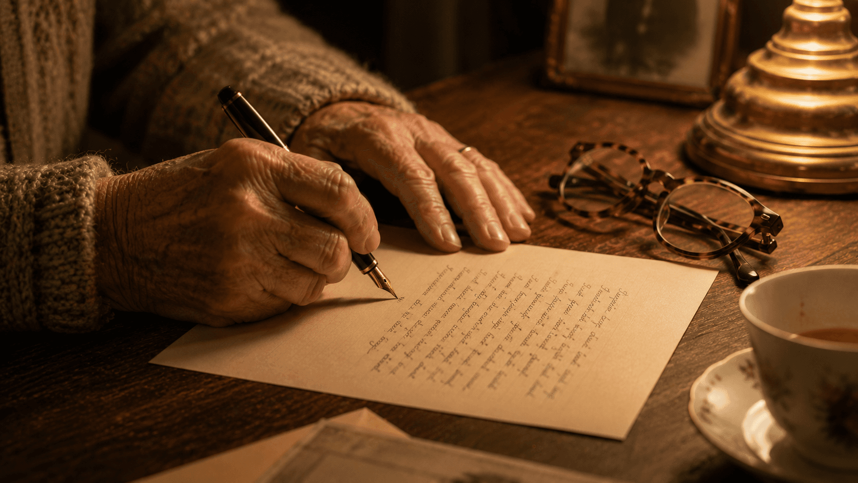 An older volunteer's hands writing a handwritten letter at a kitchen table with a fountain pen, lamp, and teacup