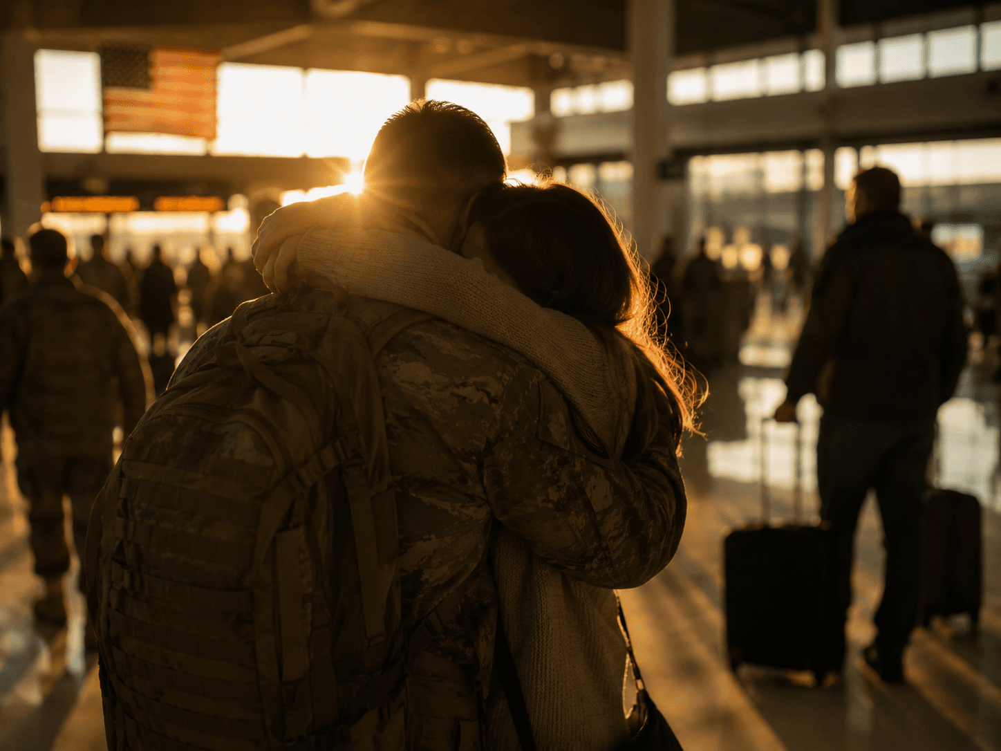 Silhouette of a returning soldier embracing a family member at an airport at golden hour